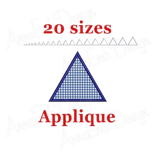 May include: A blue and white gingham triangle applique with a blue outline. The text "20 sizes" and "Applique" are in red.