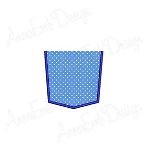 May include: A blue pocket with white polka dots and a dark blue outline. The pocket is a digital embroidery design.