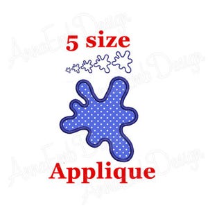May include: Blue and white polka dot splatter applique embroidery design in five sizes. The design is outlined in blue.