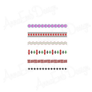 May include: A set of six different embroidery designs featuring various patterns, including circles, dots, zigzags, and diamonds. The designs are in black, red, green, and purple.