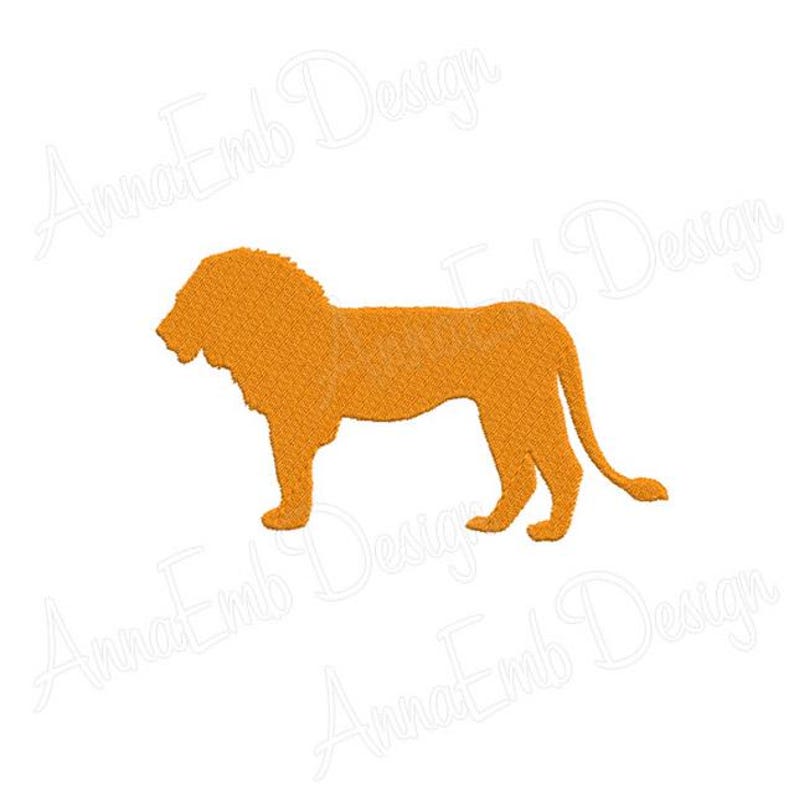 May include: A silhouette of a lion in a solid orange color. The lion is facing left and has a long tail.