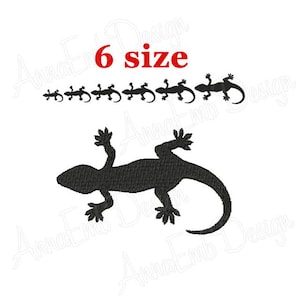 May include: Black lizard embroidery design with the text "6 size" in red. The image shows a large lizard silhouette below a row of smaller lizard silhouettes, all in black.