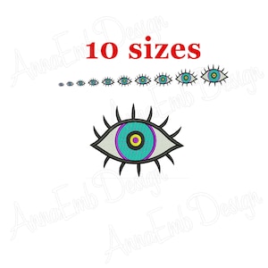 May include: Embroidery design of a stylized eye with a blue iris, purple eyelid, and yellow pupil. The eye is surrounded by black eyelashes. The design is available in 10 sizes.