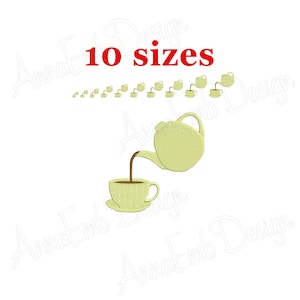 Könnte beinhalten: Stickdatei einer Teekanne, die Tee in eine Tasse gießt. Das Design ist in 10 Größen erhältlich.