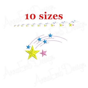 May include: A digital embroidery design of a yellow star with a purple trail of smaller blue stars. The design is available in 10 sizes.