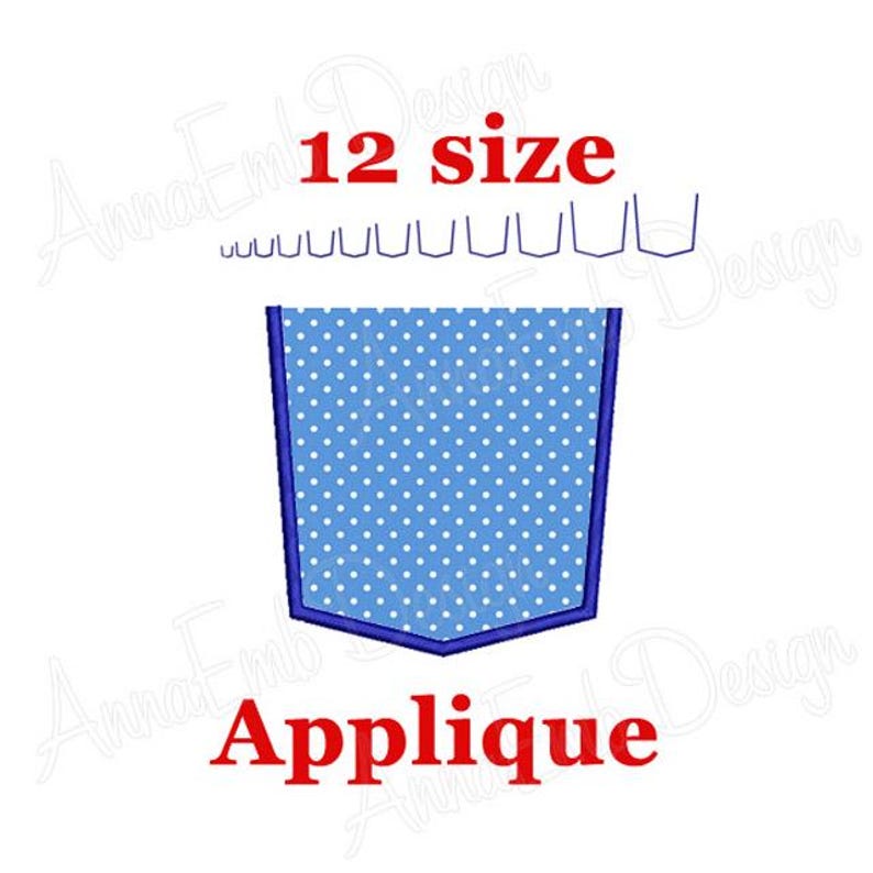 May include: A blue and white polka dot applique pocket design for embroidery. The design is 12 inches in size and is labeled "Applique".