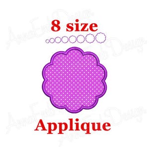 Puede incluir: Aplique morado con un patrón de lunares. El aplique tiene forma de flor con ocho pétalos. El texto "8 size" y "Applique" también se incluye en la imagen.