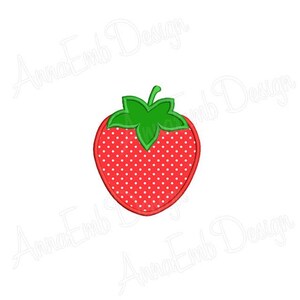 May include: A red strawberry with white polka dots and a green leaf on top.