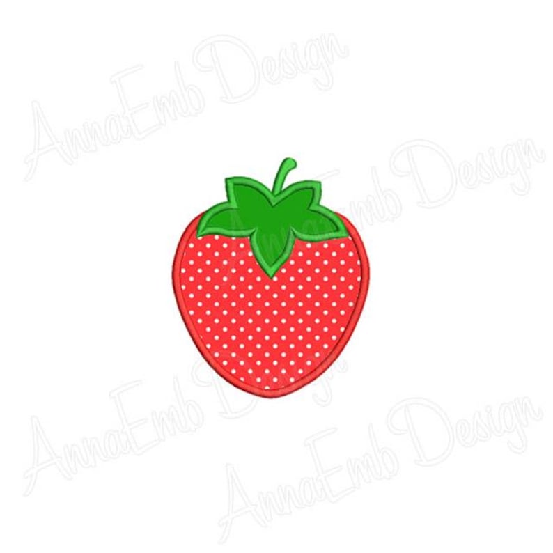 May include: A red strawberry with white polka dots and a green leaf on top.