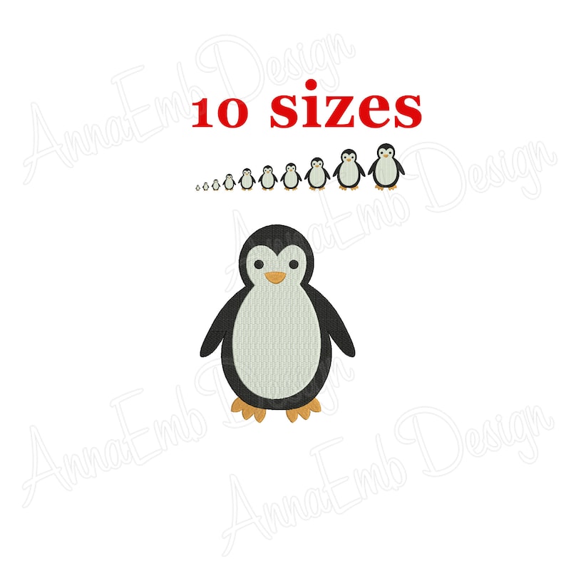 May include: A set of 10 embroidery designs featuring penguins of different sizes. The largest penguin is black and white with a yellow beak and feet. The text "10 sizes" is written in red above the penguins.