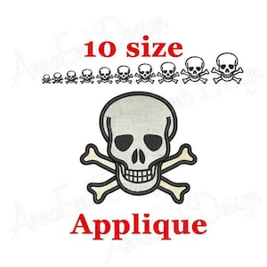 May include: An applique design featuring a skull with crossbones, in a black and off-white color scheme. The text "10 size" and "Applique" are in red. A row of smaller skull and crossbones designs are above the larger skull.