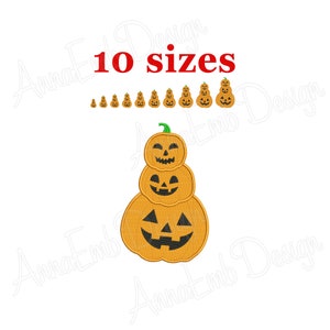 May include: A stack of three orange jack-o'-lantern pumpkins with black eyes, noses, and mouths. The pumpkins are arranged in a pyramid shape, with the smallest pumpkin on top and the largest pumpkin on the bottom. The text "10 sizes" is written in red above the pumpkins.