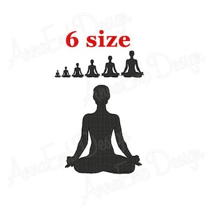 May include: A black silhouette of a person sitting in a yoga pose. The image includes six different sizes of the silhouette, with the largest silhouette in the center of the image. The text "6 size" is written in red above the silhouettes.