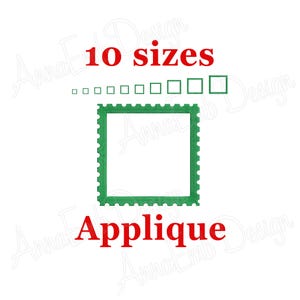 May include: Green applique frame with a white center. The text "10 sizes" and "Applique" are in red.