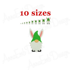 May include: An embroidered design featuring a gnome wearing a green hat and bunny ears. The text "10 sizes" is above a series of gnomes in different sizes. The gnome has a white beard, a tan nose, and black shoes.