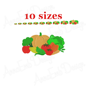 May include: An embroidery design of a pumpkin, broccoli, apples, corn, green beans, tomatoes, and a bell pepper. The design is available in 10 sizes.