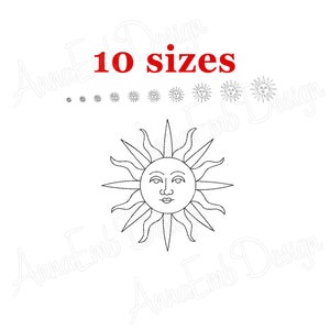May include: A black and white line drawing of a sun with a face. The sun has 12 rays. The text "10 sizes" is written in red above the sun.