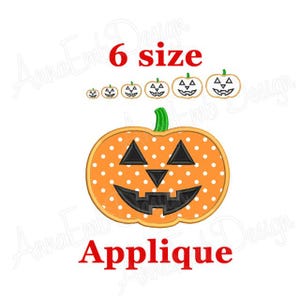 May include: An orange pumpkin applique with a white polka dot pattern and a black jack-o'-lantern face. The applique is available in six sizes. The text "6 size applique" is written in red above the pumpkin.