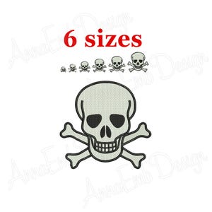 May include: An embroidery design featuring a skull and crossbones motif in light gray with black outlines. The image displays the design in 6 sizes, ranging from a small version to a large version, with the red text 6 sizes positioned above.