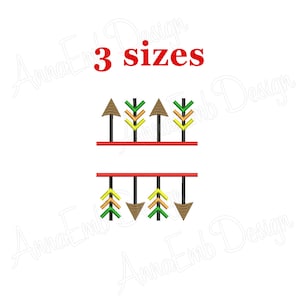 May include: Embroidery design of a split monogram with arrows pointing up and down. The arrows are decorated with green, yellow, and orange leaves. The text "3 sizes" is above the design.