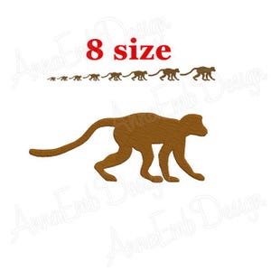Puede incluir: Un diseño de bordado de un mono marrón caminando, con el texto "8 size" encima. Hay versiones más pequeñas del diseño del mono en una fila encima del mono más grande.
