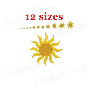 Puede incluir: Un diseño de bordado digital que presenta un sol amarillo estilizado con rayos. El diseño incluye el texto "12 tamaños" en rojo, con una serie de soles más pequeños encima del diseño principal, indicando diferentes opciones de tamaño. Sobre fondo blanco.