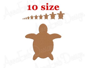 May include: A brown turtle-shaped design with the text "10 size" in red. The image shows a series of turtle shapes in varying sizes, with the largest one prominently displayed at the bottom. The design is likely for embroidery or applique.