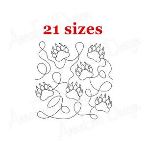 May include: A white background with a repeating pattern of black bear paw prints, linked by a continuous line. The text "21 sizes" is in red at the top. The design is likely for quilting or embroidery.