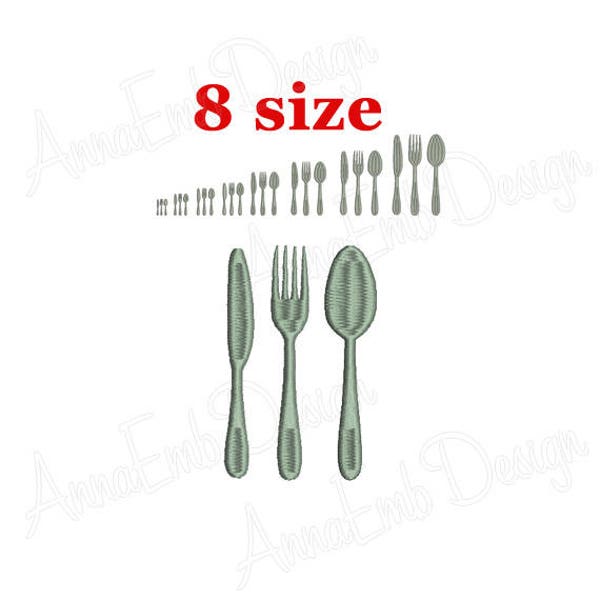 Cutlery Fork Knife Spoon Embroidery Design. Mini Cutlery Design. Cutlery Silhouette. Kitchen embroidery. Silverware. Machine embroidery.