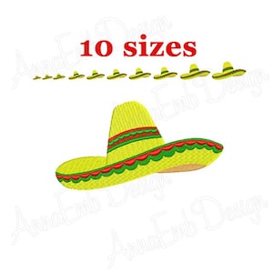 May include: A yellow sombrero with red and green trim. The sombrero is tilted to the side. The image includes the text "10 sizes".