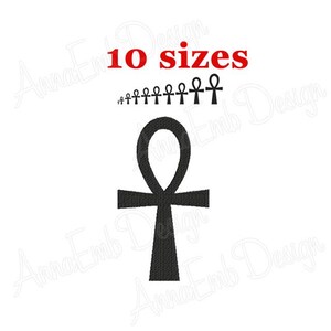 May include: Black and white embroidery design of an Ankh symbol, also known as the Egyptian cross or key of life. The design is available in 10 sizes.