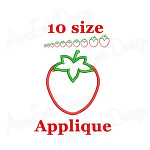 May include: Red and green applique embroidery design of a strawberry. The design comes in 10 sizes.