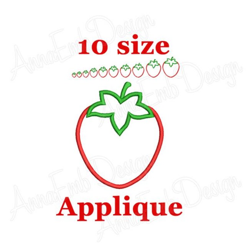 May include: Red and green applique embroidery design of a strawberry. The design comes in 10 sizes.