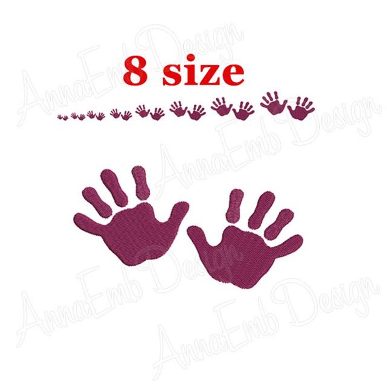 May include: Two pink handprint embroidery designs. The designs are in different sizes and are perfect for creating personalized projects.