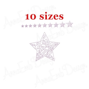 May include: A purple star with a swirling design inside. The text "10 sizes" is in red above the star. There are 10 silver stars below the text.