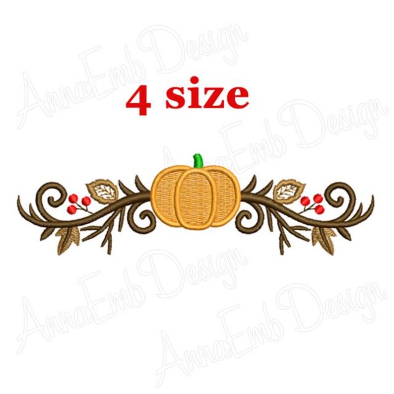 May include: Embroidery design of a pumpkin with leaves and berries. The design is available in four sizes.