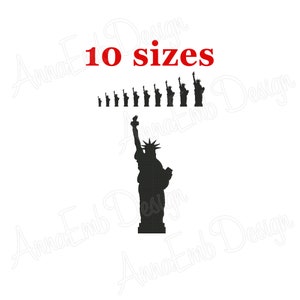 Peut inclure: Silhouette noire de la Statue de la Liberté avec le texte "10 tailles" en rouge. Au-dessus de la statue, 10 silhouettes plus petites de la Statue de la Liberté, de taille croissante. L'image est sur fond blanc.