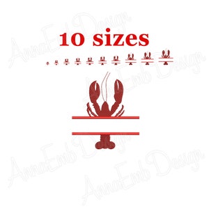 May include: Red lobster design with the text "10 sizes" above the lobster. The lobster has a horizontal line above and below it, with a space for text. The design is on a white background.