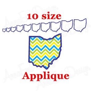 May include: Applique design of the state of Ohio with a chevron pattern in blue, green, and yellow. The design comes in 10 sizes.