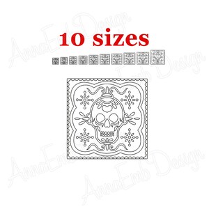 May include: Black and white line art embroidery design of a sugar skull in a square frame with decorative flourishes. The design is available in 10 sizes.