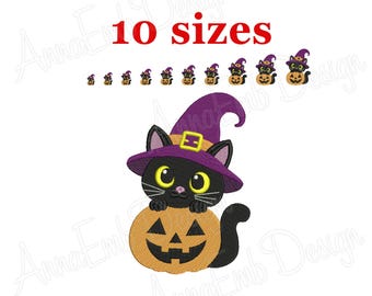 Jack O'Lantern broderidesign, katt med pumpa, Halloweenbroderi (direkt nedladdning)