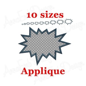 May include: A gray and blue applique design of a starburst with white polka dots. The design is available in 10 sizes. The text "Applique" is written in red below the design.