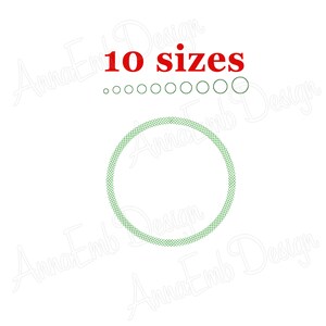 May include: Green circle embroidery design on a white background. The text "10 sizes" is in red above the circle.