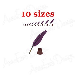 Pode incluir: Uma pena roxa e um tinteiro castanho. A imagem inclui o texto "10 tamanhos" em vermelho, juntamente com uma série de designs de penas menores.