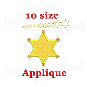 Peut inclure: Une étoile jaune à six branches avec un motif de pois blancs et un contour doré. L'étoile est un motif d'applique disponible en 10 tailles. Le mot "Applique" est écrit en rouge sous l'étoile.