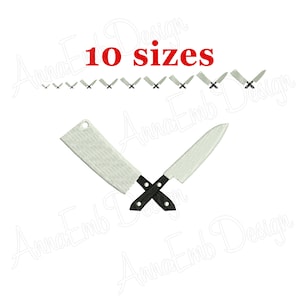 May include: Machine embroidery design of two crossed kitchen knives. The design is available in 10 sizes.