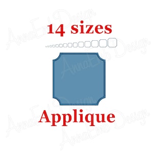 Può includere: Grafica di design digitale con il testo "14 taglie" in rosso sopra una serie di piccole forme quadrate. Sotto c'è un quadrato blu più grande con angoli arrotondati e la parola "Applique" in rosso.