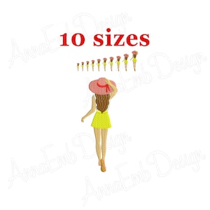 Design de bordado de menina. Design de bordado à máquina. Silhueta de mulher. Minimulher. Mulher com chapéu. Bordado de verão. Desenho de bordado feminino