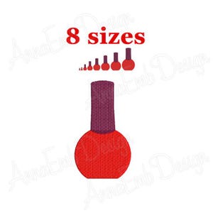 May include: Red nail polish bottle embroidery design in eight different sizes. The design features a red bottle with a purple cap.