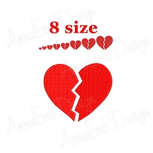May include: A red broken heart embroidery design with 8 different sizes. The design is perfect for Valentine's Day, anniversaries, or any occasion where you want to express your love.